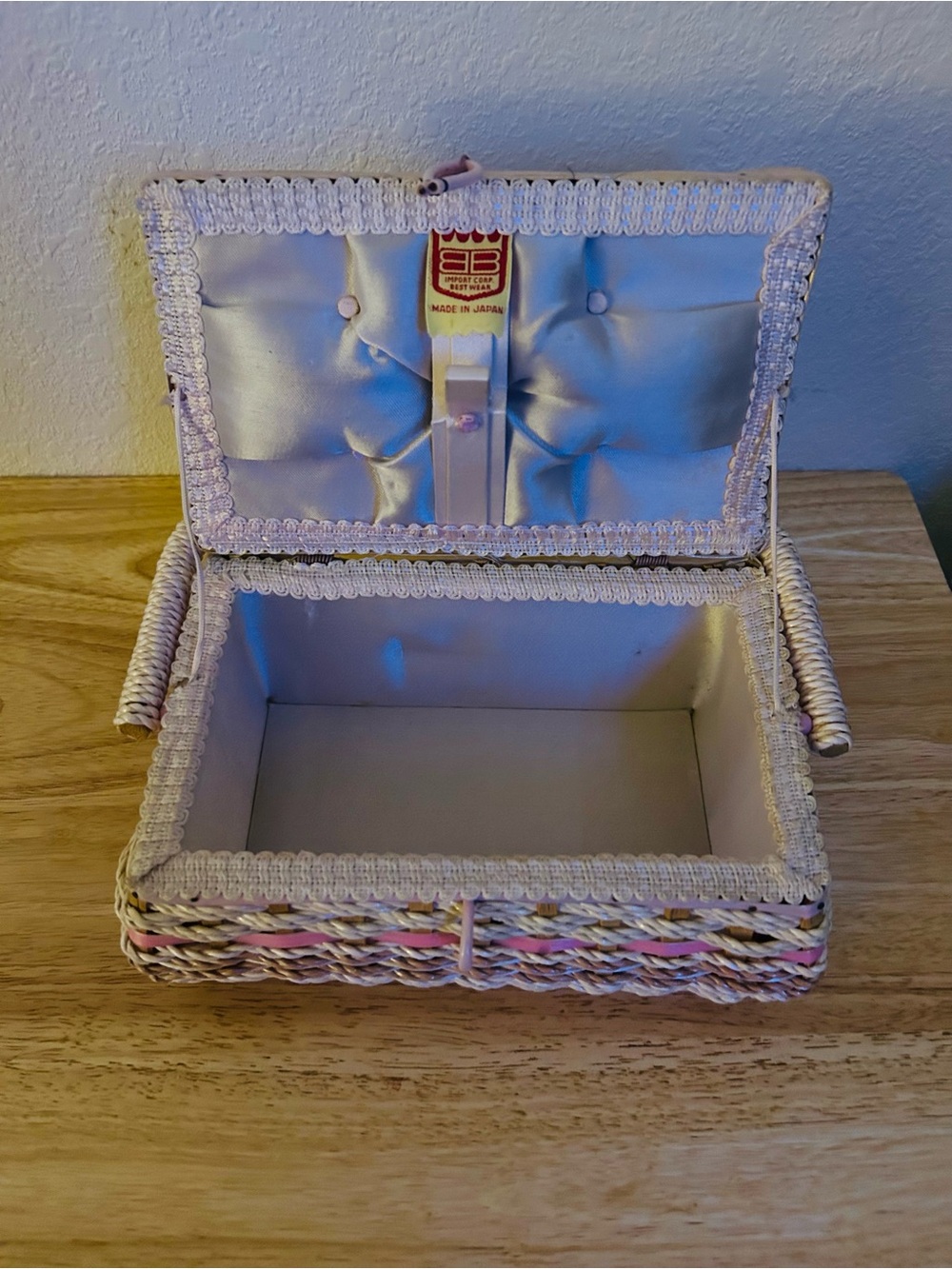 Woven Pink and Cream Sewing Basket made in Japan